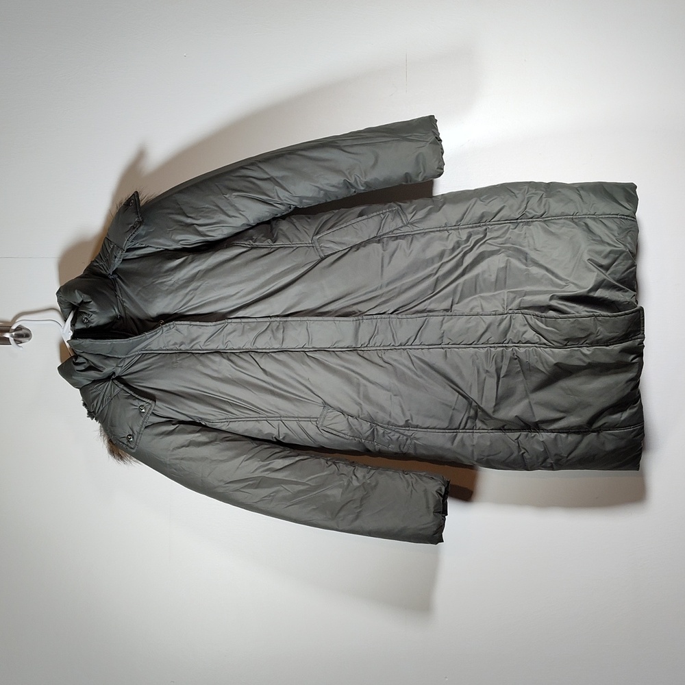 Uniqlo long green down puffer coat with faux fur trim hood S